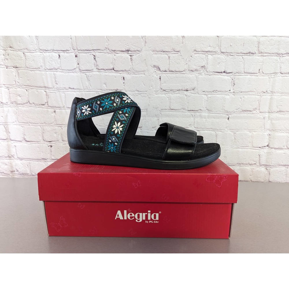 NIB Alegria Black and Aqua Lucia Gladiator Strappy Floral Sandal Size EU 41